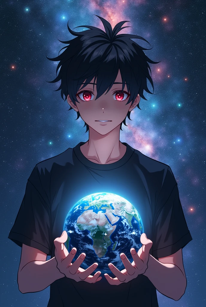 Anime boy, male gender, over , holding the earth surrounded by the galaxy in a black 2d t-shirt and with red eyes