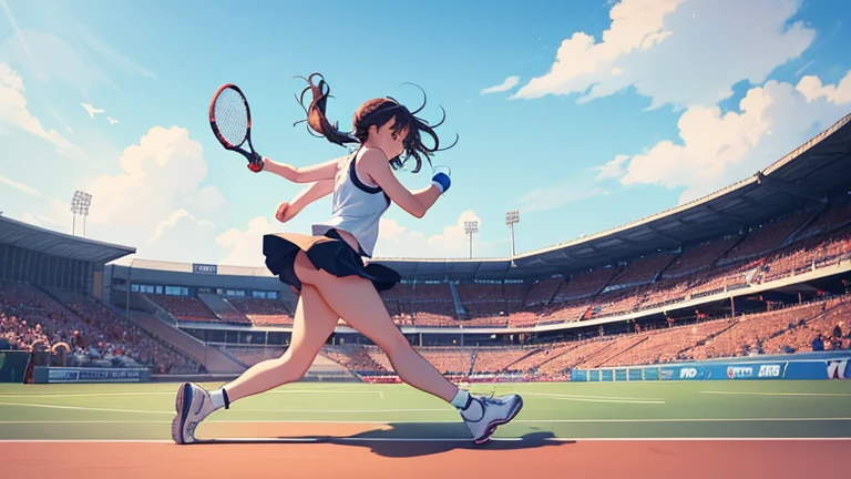 Holding a tennis racket in one hand、Please draw an illustration of a woman chasing the ball during a game.。The woman runs towards the ball with all her might、Sportswear fluttering in the wind。The audience seats can be seen in the background.、You can feel the tension of the match。