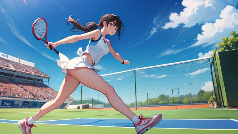 Holding a tennis racket in one hand、Please draw an illustration of a woman chasing the ball during a game.。The woman runs towards the ball with all her might、Sportswear fluttering in the wind。The audience seats can be seen in the background.、You can feel the tension of the match。