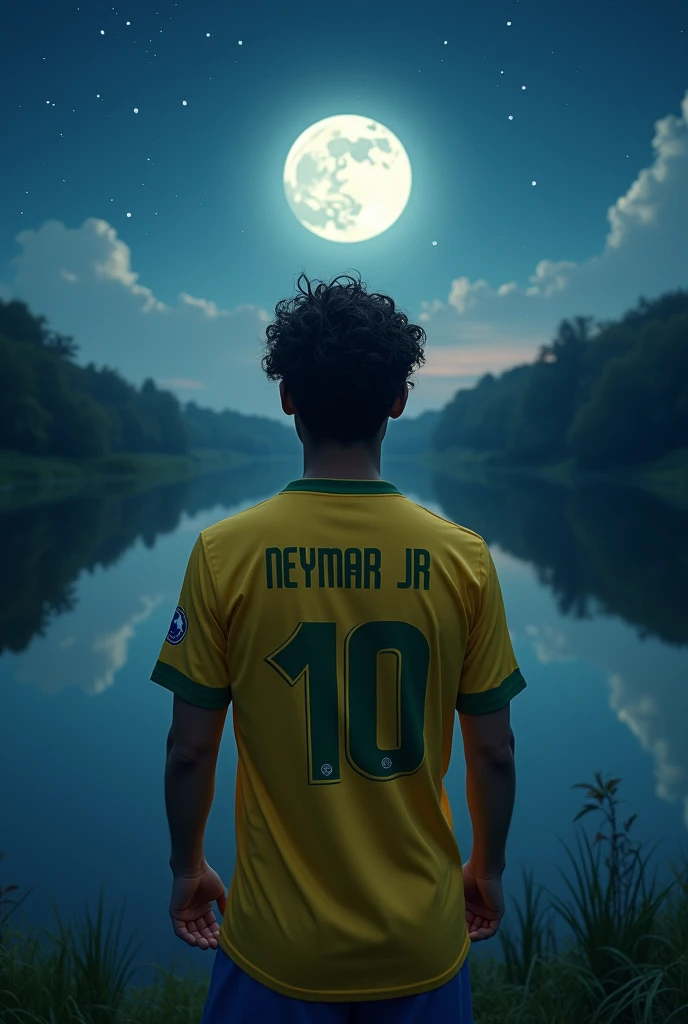 Better quality photography ((masterpiece))
A 20-year-old young man with his back turned is looking at a lake, the moon and the stars at night, The young man is facing away and on his back is the name Neymar JR with the number 10 below his yellow Brazil soccer jersey, based on the Qatar World Cup He has slightly long hair and is a bit curly black in color,
Epic reality