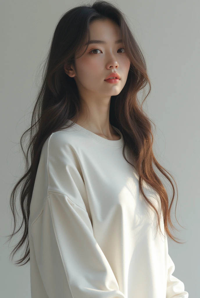 Long haired girl in white sweatshirt 
