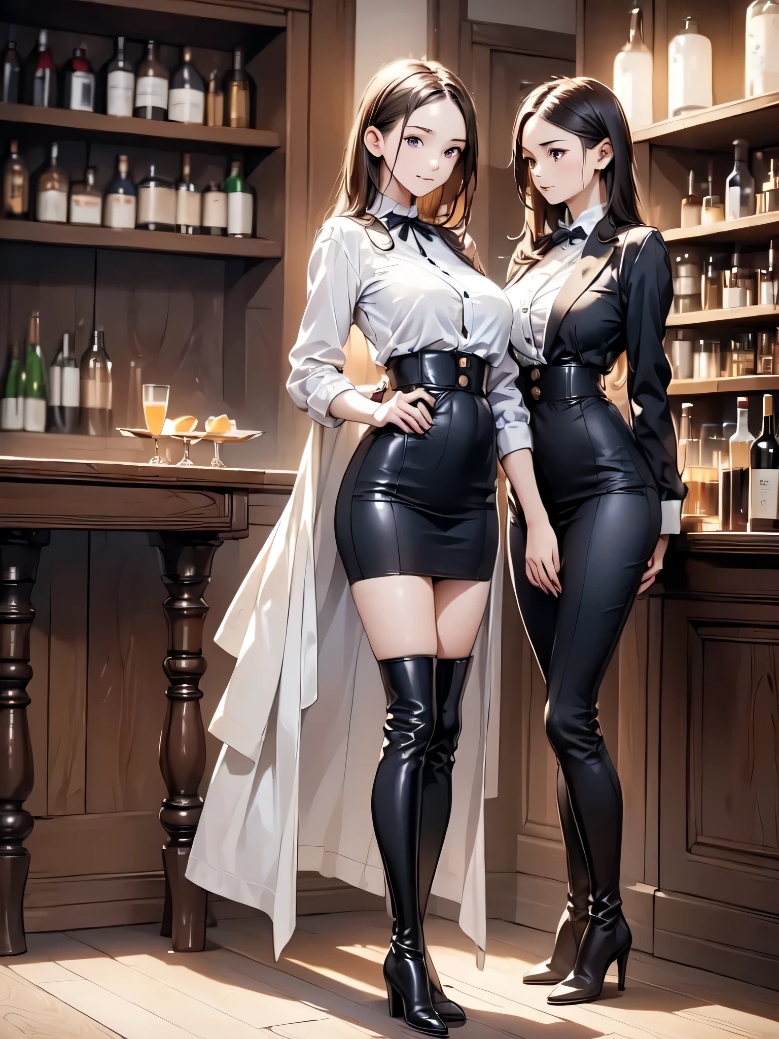 (masterpiece:1.3),(best quality, highest quality),((Full Body Shot,Including face)),1girl,Standing position,4K,masterpiece,((Focus on the face)),((Symmetrical facial features)),Beautiful woman,slender,Beautiful feet,((Thigh-high boots)),Detailed depiction of the face,bar counter,Cafe clerk uniform,Realistic,profile,