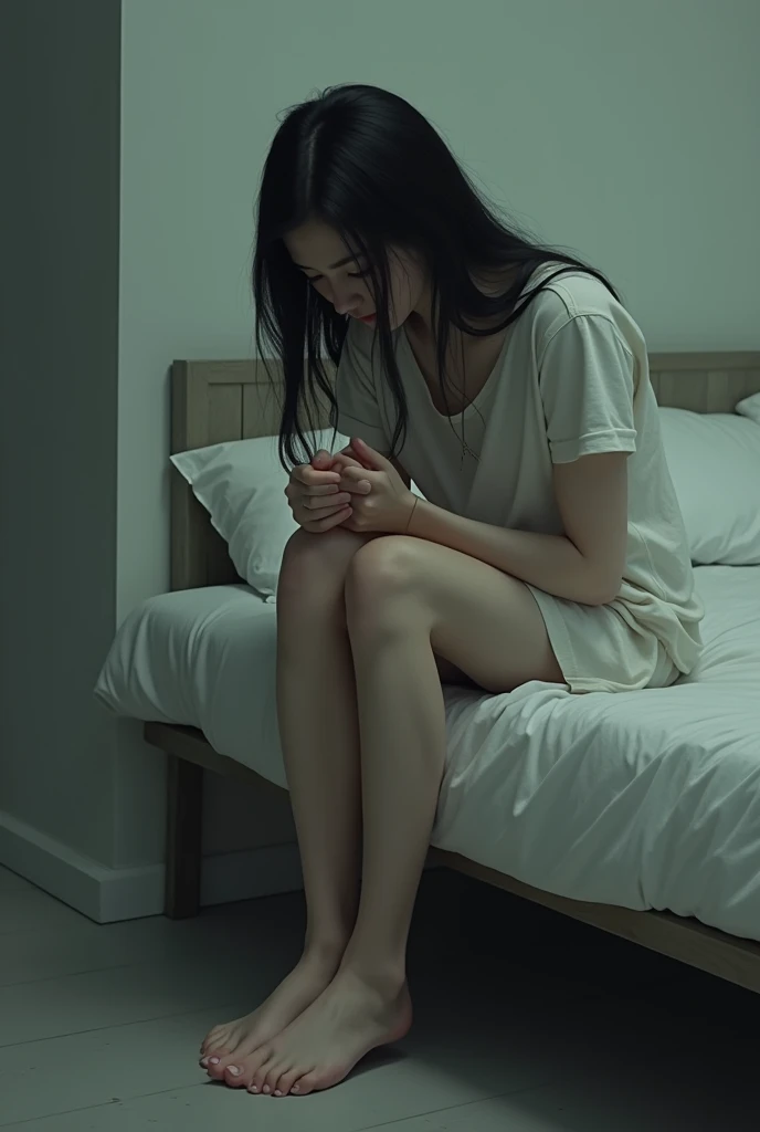 a female figure, sitting on the edge of a bed, with bare feet touching the cold floor. The woman is slightly hunched over, as if she were immersed in her thoughts, with his head bowed and his hands resting in his lap. His expression is one of melancholy and reflection., lost in the depth of her emotions.