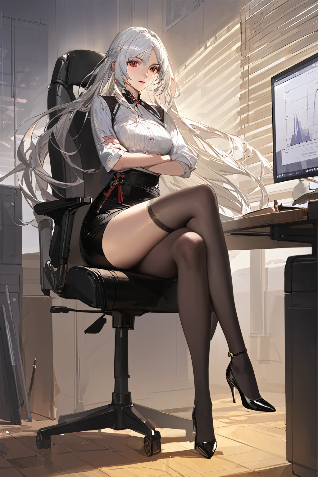 [artist:ciloranko],[[artist:ask(askzy)]],[[[[artist:modare]]]],
huangyueying, 1 woman, long hair,solo, white hair, full body, asymmetrical_legwear, one black and one white, one black stocking and one white stocking, uneven_legwear, full_body, looking at viewer, stiletto high heel, medium breasts, legs, crossed legs, sitting, office, crossed ankles, indoors, office chair, monitor, skirt, pencil skirt