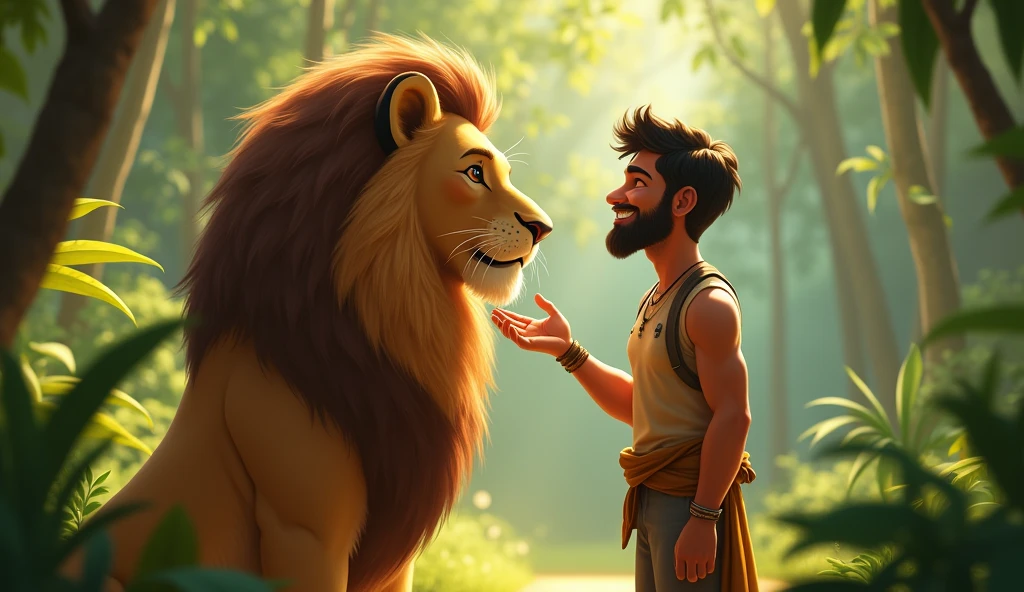 After being helped, the lion stands up and nuzzles Raju's hand, showing affection. Raju smiles and pats the lion's head. The two stand together, surrounded by the lush greenery of the jungle."