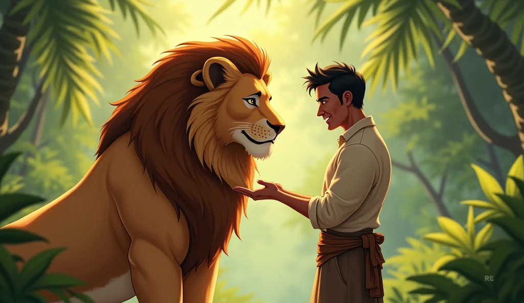 After being helped, the lion stands up and nuzzles Raju's hand, showing affection. Raju smiles and pats the lion's head. The two stand together, surrounded by the lush greenery of the jungle."