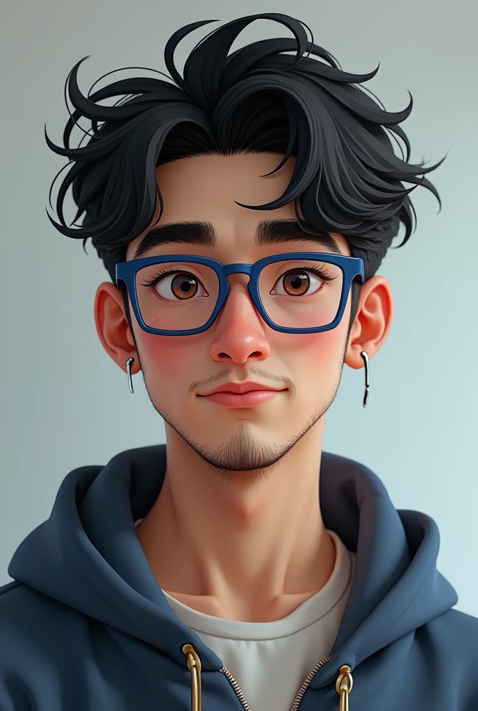 I'm a guy with short, black, wavy hair with an American cut., with very black eyebrows, Oval face, lips a little thick, I wear blue framed glasses with square lenses. I'm 2 and I like games, thin hair and beard