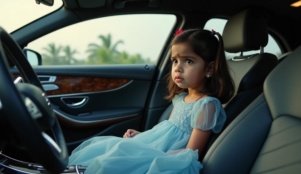 There is a beautiful Indian girl sitting on the front seat of the Mercedes S class, she is 2, her name is Shreyaa, she is wearing a sky blue frock, wah wah, she is looking towards the driver with sadness 