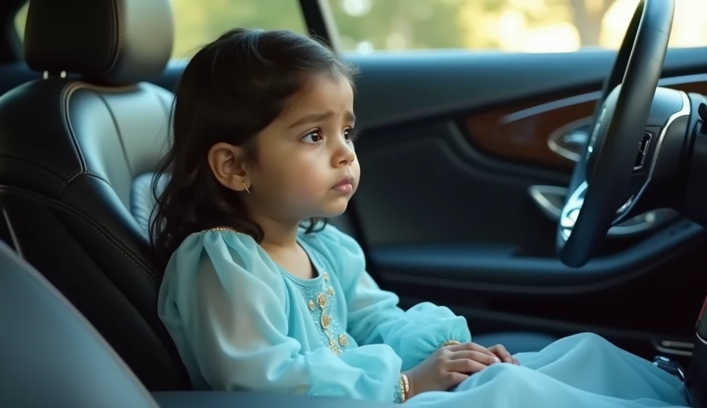 There is a beautiful Indian girl sitting on the front seat of the Mercedes S class, she is 2, her name is Shreyaa, she is wearing a sky blue frock, wah wah, she is looking towards the driver with sadness