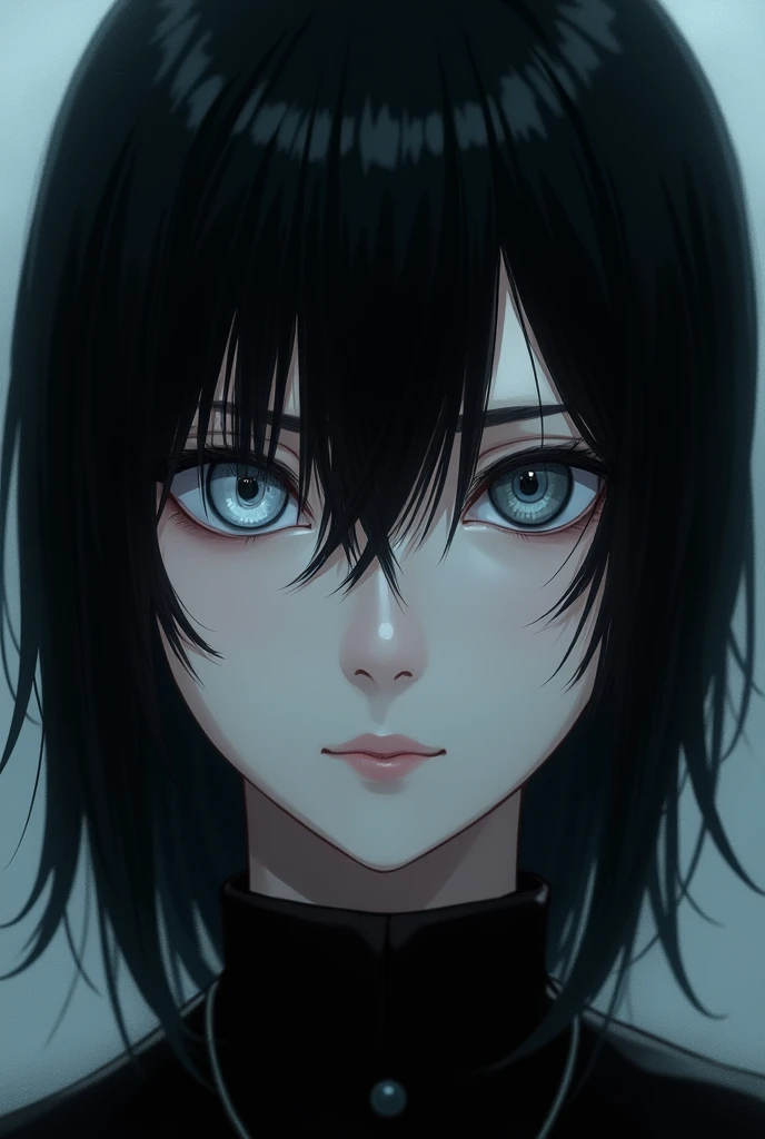 Create a , black hair and with one grey eye and the other grey with blue and the pupil in the shape of a vertical line 