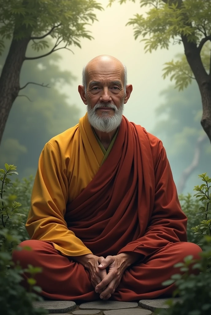 "A wise old monk with a serene expression, wearing traditional robes and sitting in a peaceful, natural setting. The monk has a gentle and inspiring presence, with a calm and reflective demeanor." (Looking at front of the screen or to me and sitting by by facing towards me by happy mood)