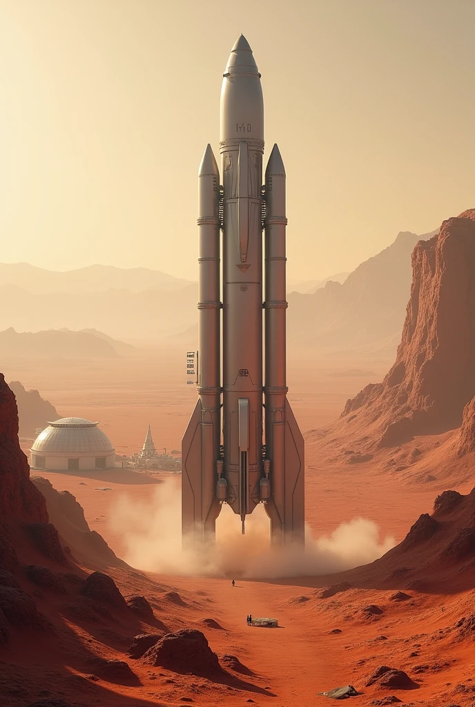 A futuristic scene with the massive Starship rocket standing tall on the Martian surface, surrounded by red rocky terrain and distant mountains. In the background, a small colony is visible, with domes and structures, representing the vision of human colonization on Mars.Hyper realistic