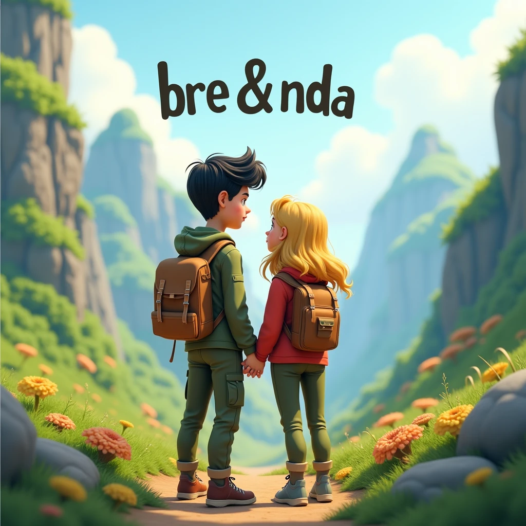 an artistic text written "BRE & NDA" above couple in outdoor, black hair male, blonde hair female, cargo pant, jacket and backpack, green mountainous theme, 3d cartoon, fantasy art, masterpiece, high definition, extreme detail, cinematic lighting, 4K