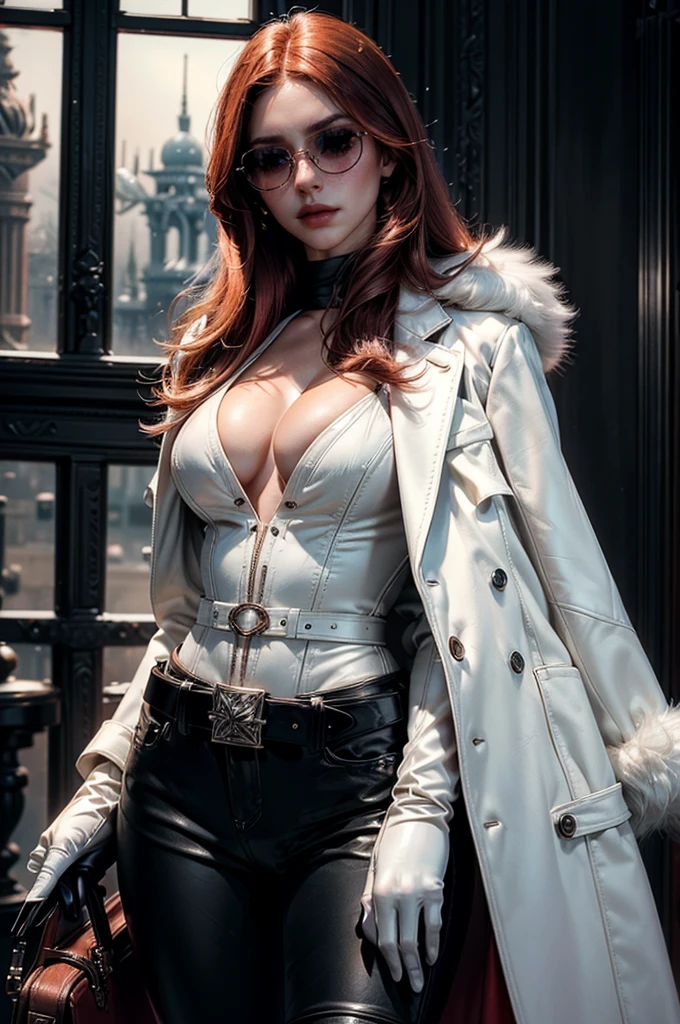 [cowboy shot], a beautiful young woman with long red hair, detailed facial features, ((wearing high quality high waist black leather pants)), ((formal white colored top with cleavage and long sleeves)), ((a white fur coat on shoulders)), ((luxury waist belt)), ((red tinted glasses)), ((black leather gloves)), holding a handbag, hand on waist, (best quality,4k,8k,highres,masterpiece:1.2),ultra-detailed,(realistic,photorealistic,photo-realistic:1.37),high fashion,editorial,dramatic lighting,cinematic,vivid colors,intricate details, glamorous