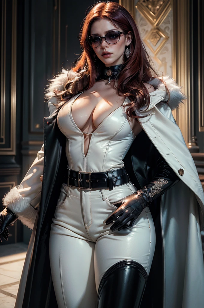 [cowboy shot], a beautiful young woman with long red hair, detailed facial features, ((wearing high quality high waist black leather pants)), ((a formal white colored top with cleavage and long sleeves)), ((a white fur coat on shoulders)), ((luxury waist belt)), ((red tinted glasses)), ((black leather gloves)), holding a handbag, hand on waist, (best quality,4k,8k,highres,masterpiece:1.2),ultra-detailed,(realistic,photorealistic,photo-realistic:1.37),high fashion,editorial,dramatic lighting,cinematic,vivid colors,intricate details, glamorous