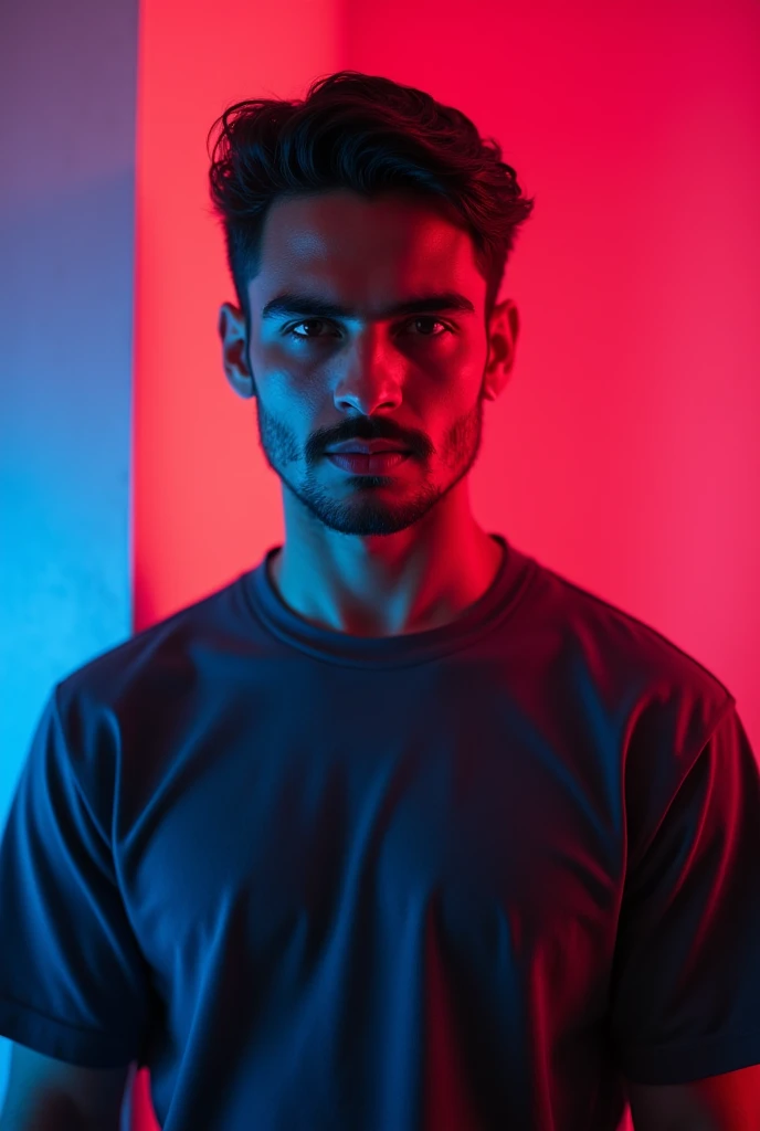 Generate for me an image of a young man with short black hair,standing in a portrait mode with a dark hair, wearing a collared t-shirt, with a small mustache and a small beard on his face, and the back of his mouth  pink, standing in a warm atmosphere, with a neon background