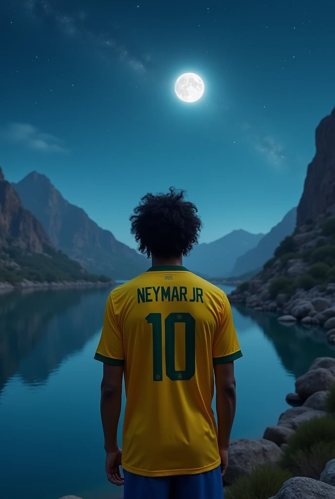 Better quality photography ((masterpiece))
A 20-year-old young man with his back turned is looking at a lake, the moon and the stars at night, The young man is facing away and on his back is the name Neymar JR with the number 10 below his yellow Brazil soccer jersey, based on the Qatar World Cup He has slightly long hair and is a bit curly black Epic reality