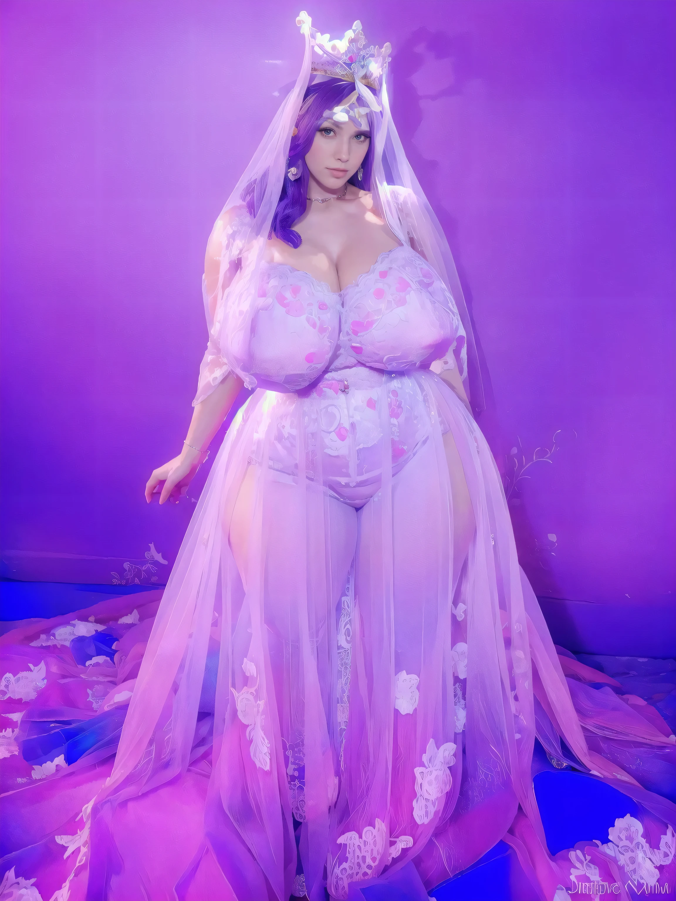 Attractive dressing Beautiful colorful hairs,perfect facial features strip band on eyes of well dressed Women in bedroom empty hand's ,looks like gorgeous wife giving a eligent pose wearing princess wedding gown dress, added anime stockings ((with big body curves, attractive queen diamond crown full dressed white and purple clothing,bouncy breasts:2.4 thin waist,big wide hips , but gigantic thighs)) wearing necklaces with princess sexy attractive long frock clothes full body clothing wedding white and purple bride clothes added coastly stockings flowen net design frock 
