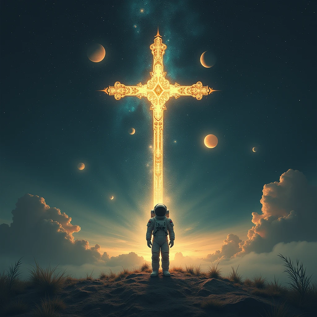The Cross , in outer space , planets , Stars and an Austronaut , with the title “The Via Dolorosa”