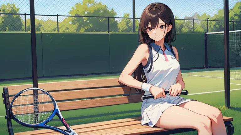 Please draw an illustration of a woman holding a tennis racket while taking a break between matches.。Woman sitting on a bench、She looks relaxed as she wipes away her sweat with a towel.。In the background is a green lawn and a tennis net.。