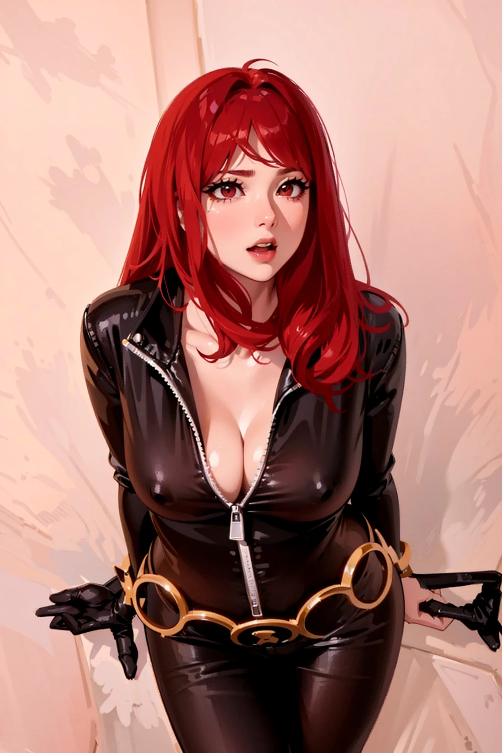 The image depicts a girl with bright red hair dressed in a sleek skin-tight shiny black latex bodysuit with a deep-cut zipper neckline revealing a large chest, the silver zipper running down the front. The suit is complemented by a belt of shiny golden circles around her waist. Both hands are tied behind her back. Her fair complexion and well-toned body contribute to the faithful representation of the character she is emulating. She appears with a cute smile on her face