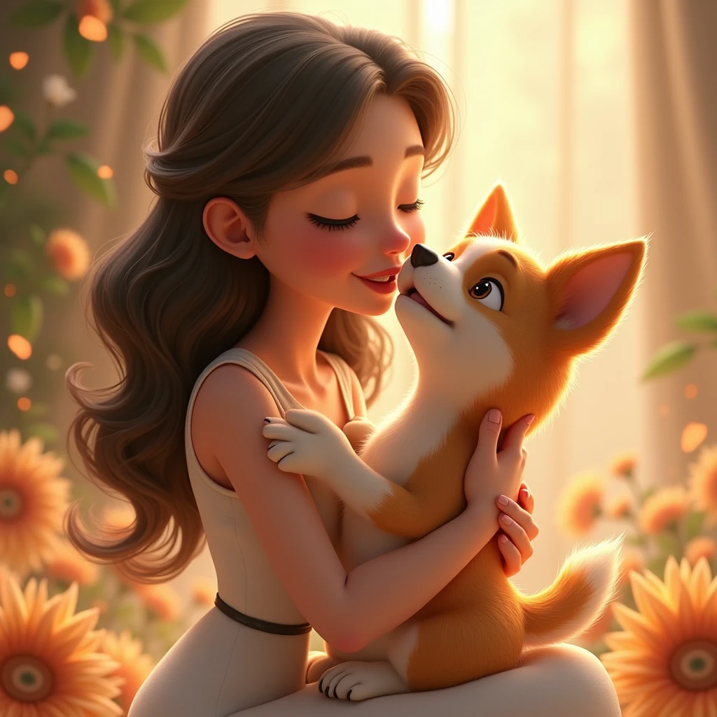 3D Animation、A beautiful woman hugging and stroking a dog