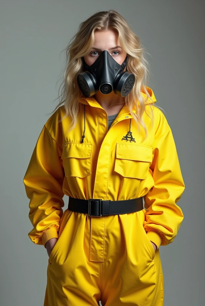 Hot young 16 yeard old tennage girl wearing yellow hazmat suit latex with gas mask she has blond wavy hair freckles and her ass is bigger her brest is big HD real photo 8K she is fit her waist is slim she is looking very young her brest is very big he is wearing black belt wrapping around her troso
