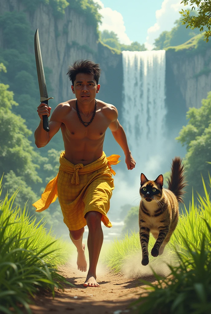 an Indonesian man, wearing a yellow checked sarong, running after the rooster while wielding a sharp, shiny knife, Siamese trying to fly while riding a zebra cat.. beautiful rice field background with a waterfall... real