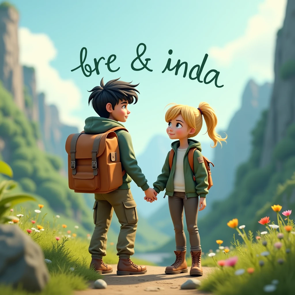 an artistic text written "BRE & NDA" above couple in outdoor, black hair male, blonde hair female, cargo pant, jacket and backpack, green mountainous theme, 3d cartoon, fantasy art, masterpiece, high definition, extreme detail, cinematic lighting, 4K