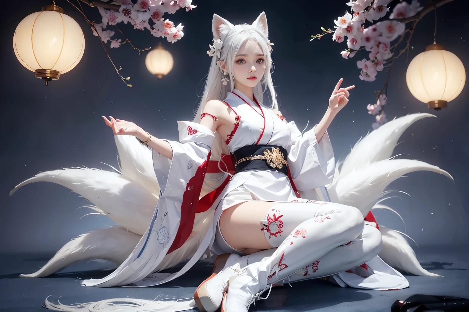 tmasterpiece,full bodyesbian,shrine maiden,Non-traditional witches,dual horsetail,leges,lacepantyhose,White panty hose,,Ribbons,shairband,Wide sleeves,strap high heels,