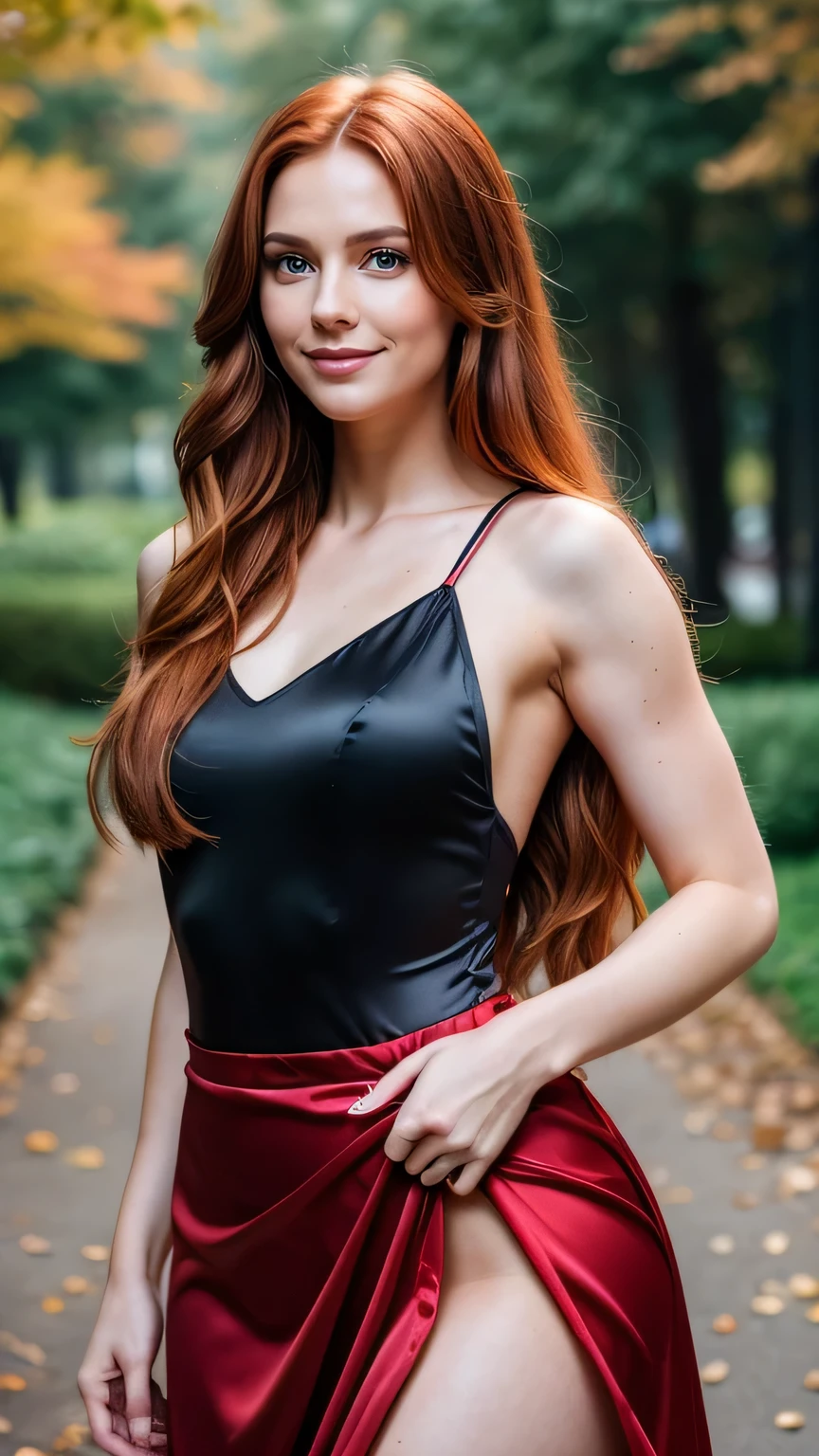 Realistic full body photo of a smiling redhead with long hair, Who dances in front of the camera and wears a satin dress, Park Glamour Fotoshooting, perfect anatomy, perfect eyes. Perfect hands with 5 fingers on each hand. Matching girl, look into the camera, strong hip:1.2, wide hips:1.3, 1 Frau. (Eye make up:1.1), (highly detailed skin:1.1), spirit, analog style, keen focus, 8K UHD, dslr, good quality, Fujifilm XT3, Grain, Award-winning, masterpiece.