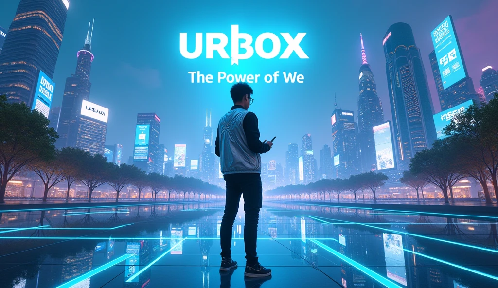 Panoramic ultra-wide angle camera The scene is a sci-fi futuristic city with modern architecture, sprawling trees, and blue-purple LED lights covering the buildings. In the sky, the UrBox logo and the words "The Power of We" shine brightly, right in the center of the image, powerfully in the middle of the scene, with silver, bright purple and green tones, emphasizing the connection between technology and people. Hologram billboards on buildings with the words "JOMO", "URGIFT", "PS", "URSTAFF", "URPOINT", "URCARD". The main character is an Asian male, wearing a shiny silver tech vest with light-emitting details. He stands firmly on a transparent glass bridge, turns his back, leads, holding a smartphone, wearing glasses. Blue light beams from technology devices connect people and connect to the entire city. Behind the character, people holding phones or laptops, in the same direction as the main character, look up at the logo and connect with each other by digital light.