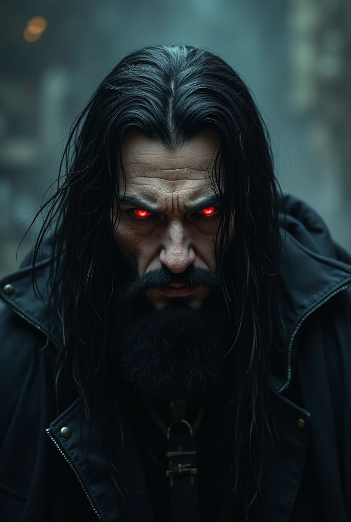 male character (ultra hd image), long black hair, Black Beard, eerie glowing red eyes, villain, fury (4 k image)