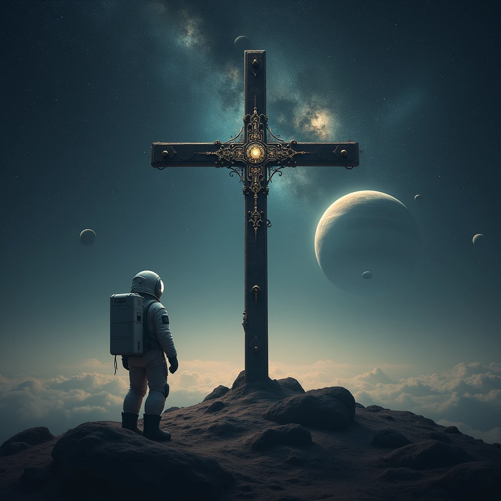 The Cross , in outer space , planets , Stars and an Austronaut , with the title “The Via Dolorosa”