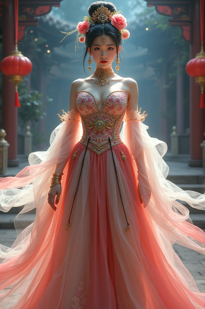 Chinese girl with coins gold , curvy body, curvy waist, big breast, white skin, gorgeous costumes embroidered with intricate embroidery, flowing tulle, transparent long colorful ribbons tied on the arms, inspired by cinderella, showing navel, bare shoulders, bare neck, hair in a high bun with flower hairpins, ribbons on arm rings, wreaths, bracelets, anklets, high heels, metal chain tassels on the waist, Mogao Grottoes art, ink painting, cgstation pop, in the night castle, ((fullbody)), ((super realistic))