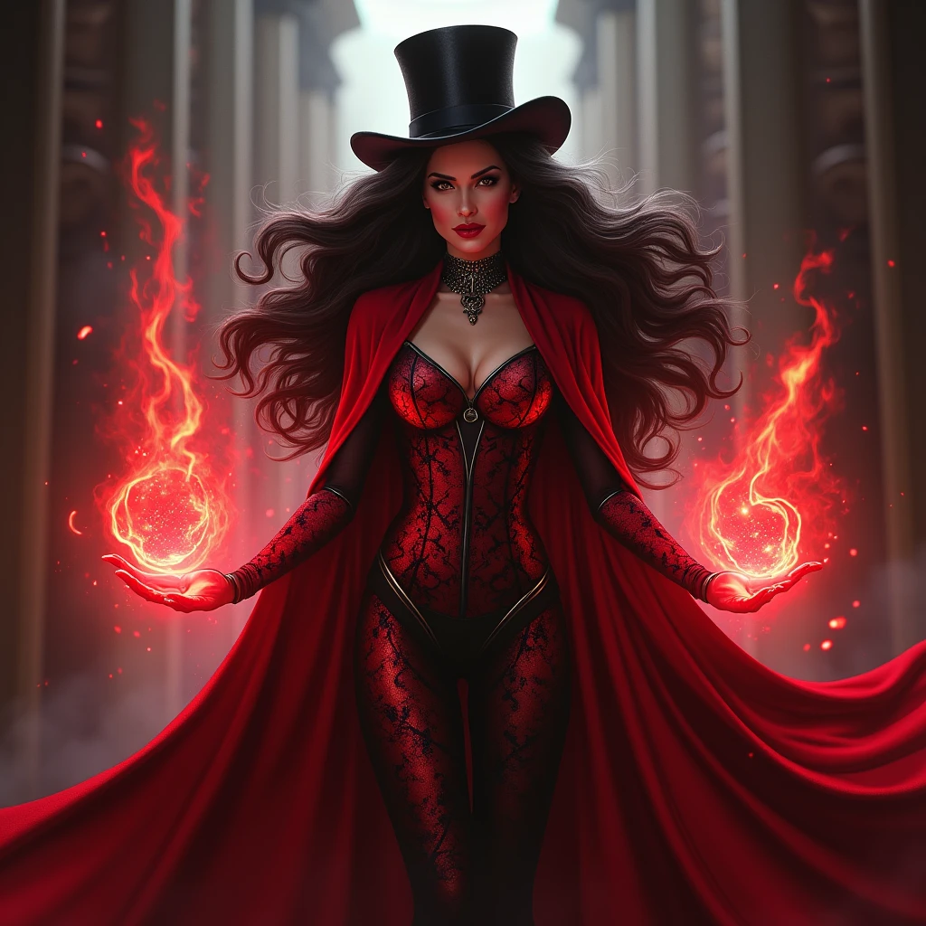 Create a realistic and epic image of a fusion between Scarlet Witch and Zatanna. The character should have:
Face: Combine the mysterious and intense features of Scarlet Witch with the beauty and elegance of Zatanna, creating a face that exudes (((power and mystical charm))).
Hair: (((Blend Scarlet Witch's long, wavy hair with Zatanna's glamorous style))), resulting in a voluminous and flowing hairstyle, with dark tones and an enchanting sheen.
Attire: Design an outfit that merges Scarlet Witch's magical and dramatic style with Zatanna's classic look. The outfit should (((include elements))) like a (((red cloak with black details and a stylized top))) hat, combining Scarlet Witch's (((vibrant red with Zatanna's signature black and white.)))
Powers and Effects: Showcase the character in action, combining Scarlet Witch's reality-warping (((powers))) with Zatanna's spells and enchantments. Use magical effects that mix red energy and glowing mystical symbols around the hands and body.
Setting and Pose: Place the character in a mystical and enigmatic environment, such as a magical dimension or a foggy theater stage. Position them in a confident and imposing stance, highlighting their control over magical forces.
Style: Maintain a realistic style that captures the supernatural and powerful essence of this fusion, with a design that reflects both Scarlet Witch's chaotic magic and Zatanna's enchanting sophistication