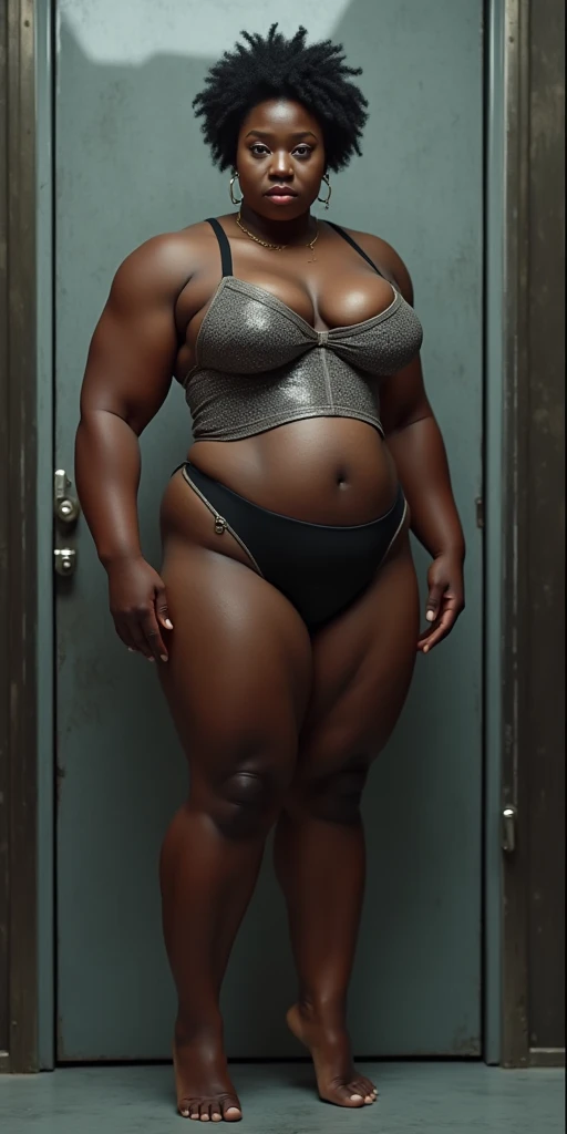 big bulging MASSIVE paired with tiny thin chest tapered waist, ass, extremely unique, dark skin Jawara Woman, tiny waistline, huge booty, metallic fabric, UHD, eloquence  