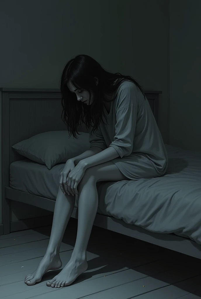 a solo unclothed anorexic old ghost crouched over a man lying terrified on a bed in dark room. Full moon night. full body image