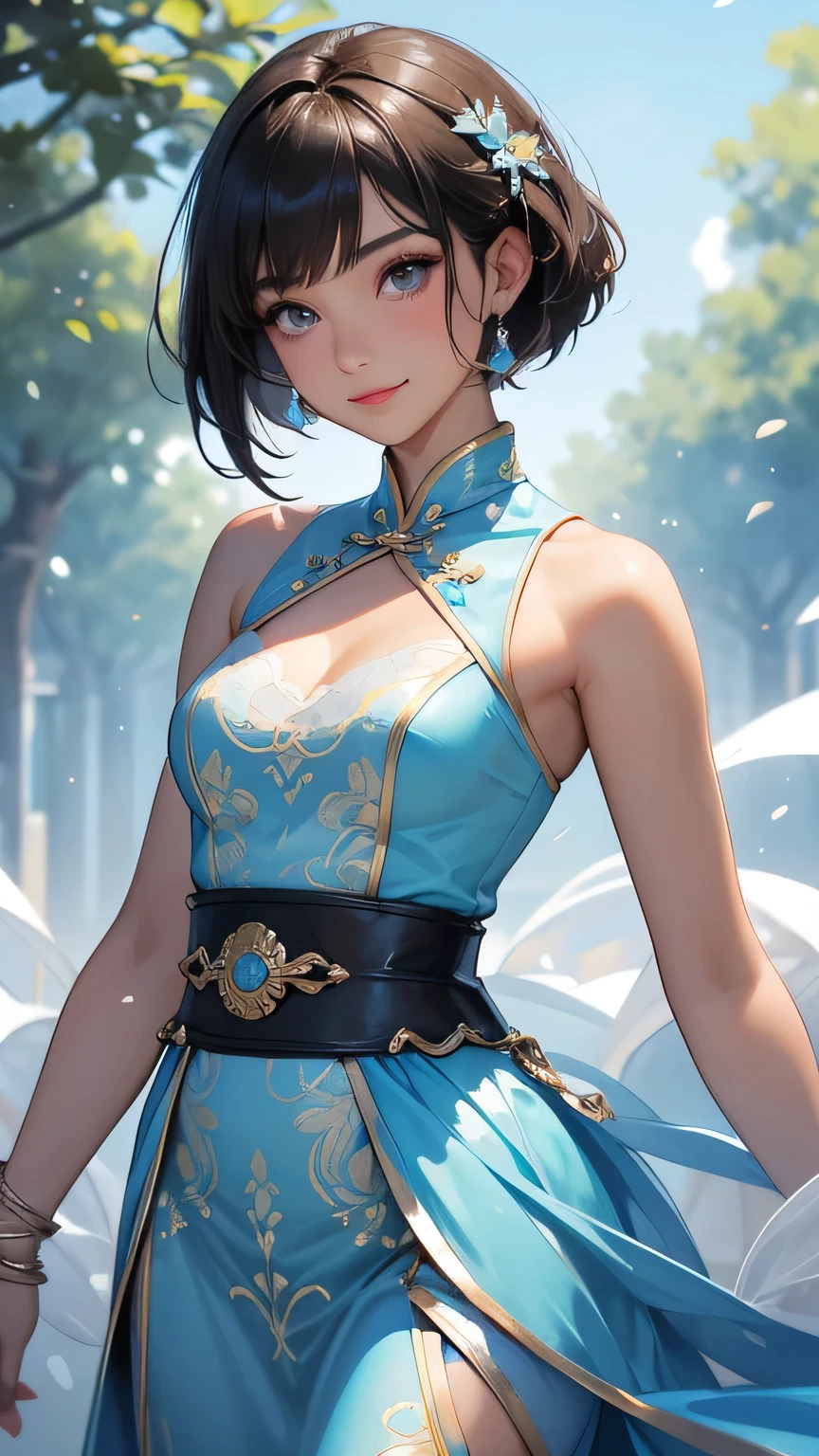 Highest quality、Realistic、、zoom、Women、cute、Light grey eyes、Black Hair、Very short hair style、Tanned brown skin、Dark Skin、Light blue Chinese dress、No sleeve、Captivating smile、Bust Shot、Small breasts