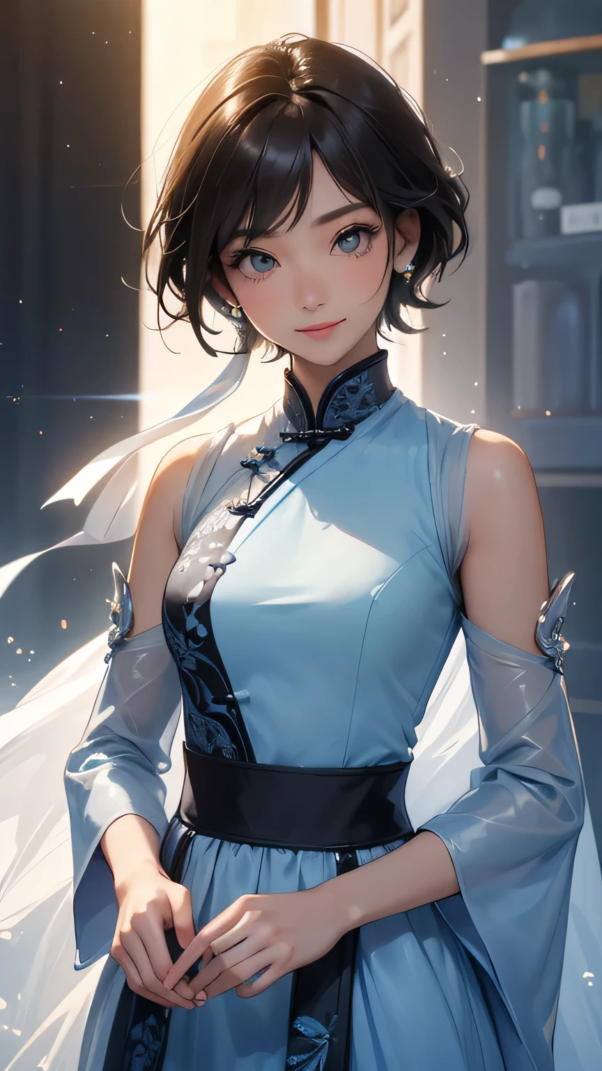 Highest quality、Realistic、、zoom、man、cute、Light grey eyes、Black Hair、Very short hair style、Tanned brown skin、Dark Skin、Light blue Chinese dress、No sleeve、Captivating smile、Bust Shot、Po