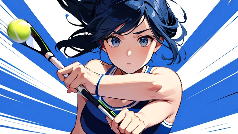 On the tennis court、Please draw an illustration of a woman holding a tennis racket and powerfully serving the ball.。The woman has a concentrated expression、It shows dynamic movement.。The background features a blue sky and court lines.。