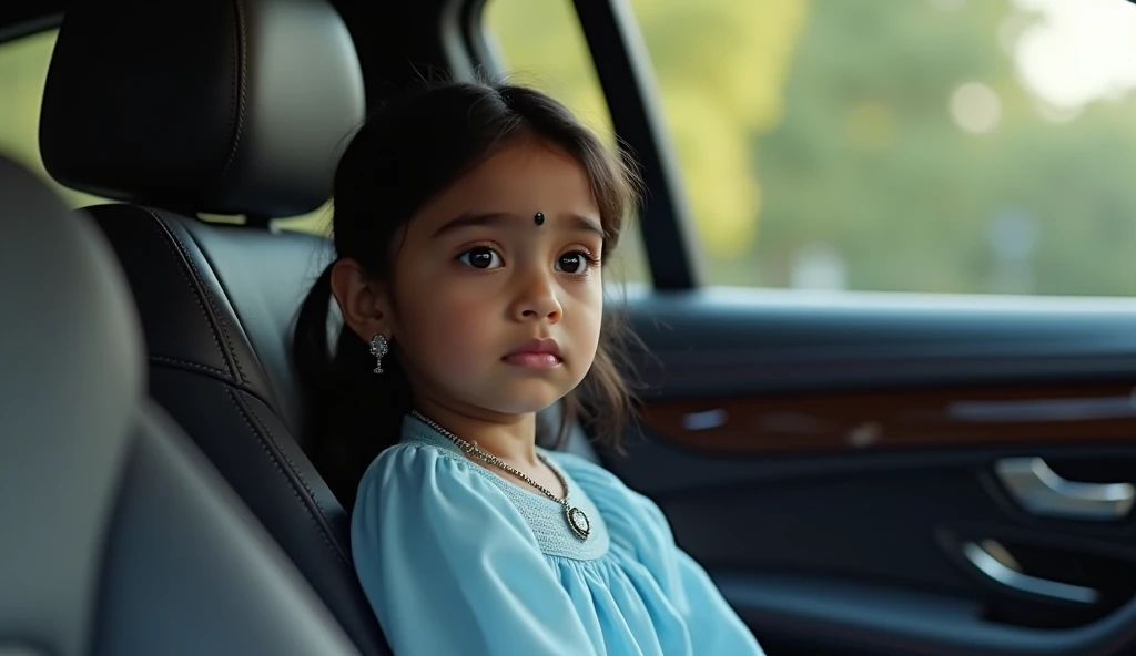 There is a beautiful Indian girl sitting on the front seat of the Mercedes S class, she is 2, her name is Shreyaa, she is wearing a sky blue frock, wah wah, she is looking towards the driver with sadness That girl is 2 and just an image of a girl