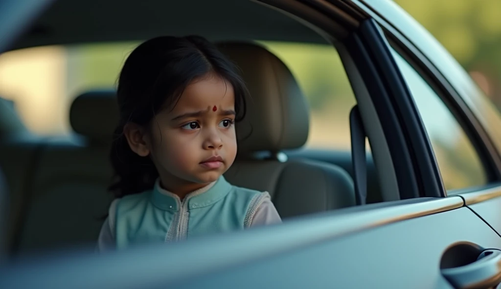 There is a beautiful Indian girl sitting on the front seat of the Mercedes S class, she is 2, her name is Shreyaa, she is wearing a sky blue frock, wah wah, she is looking towards the driver with sadness That girl is 2 and just an image of a girl
