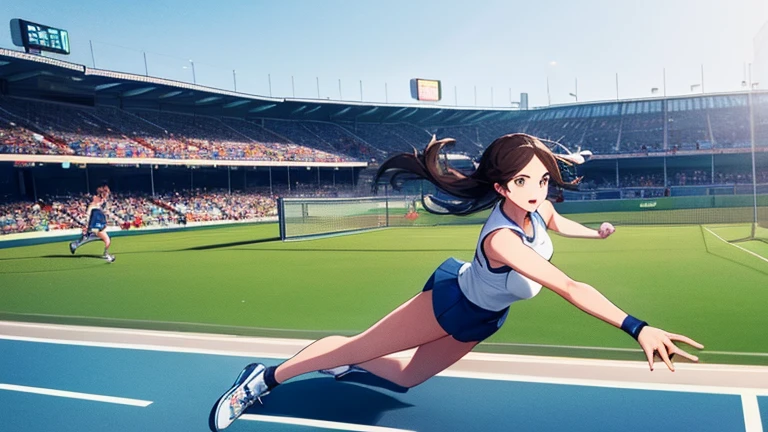Holding a tennis racket in one hand、Please draw an illustration of a woman chasing the ball during a game.。The woman runs towards the ball with all her might、Sportswear fluttering in the wind。The audience seats can be seen in the background.、You can feel the tension of the match。