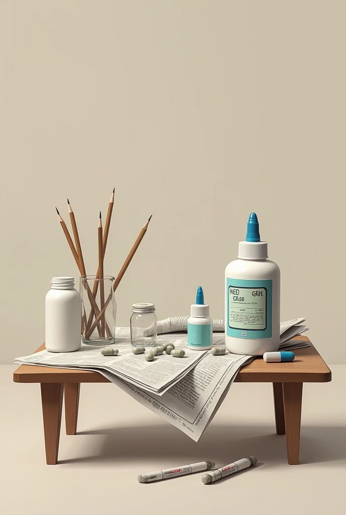A table in the,that there is newspaper ,white glue,Empty pill capsules and graphite pencil leads