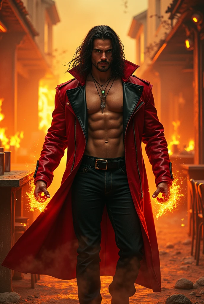 ultra realisitic; man play between 25 years, strong physical build, sexy chest, hair long black, Canadian, very white skin, greeneyes, hole in the chin, “Chad” face, Red and black coat, and using liquid lava powers, the back of a place with a bar and tables on fire 