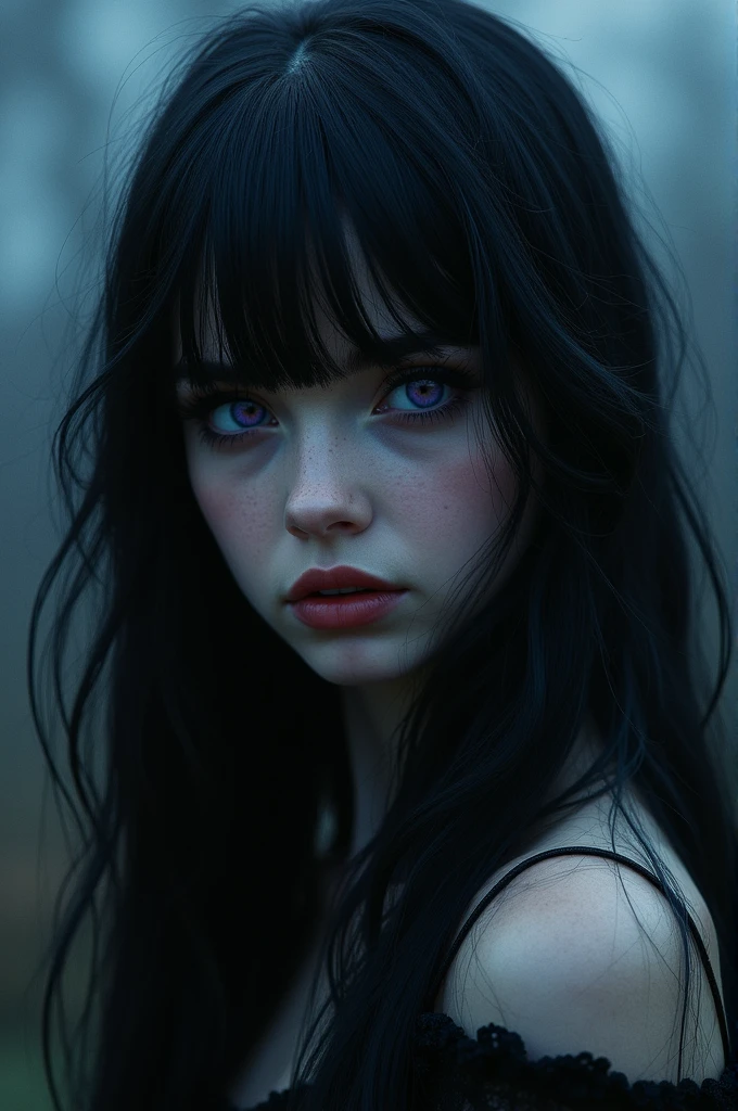 Vampire girl with long black hair, with bangs, in profile showing teeth, with provocative face, Violet eyes and a dark landscape in the background