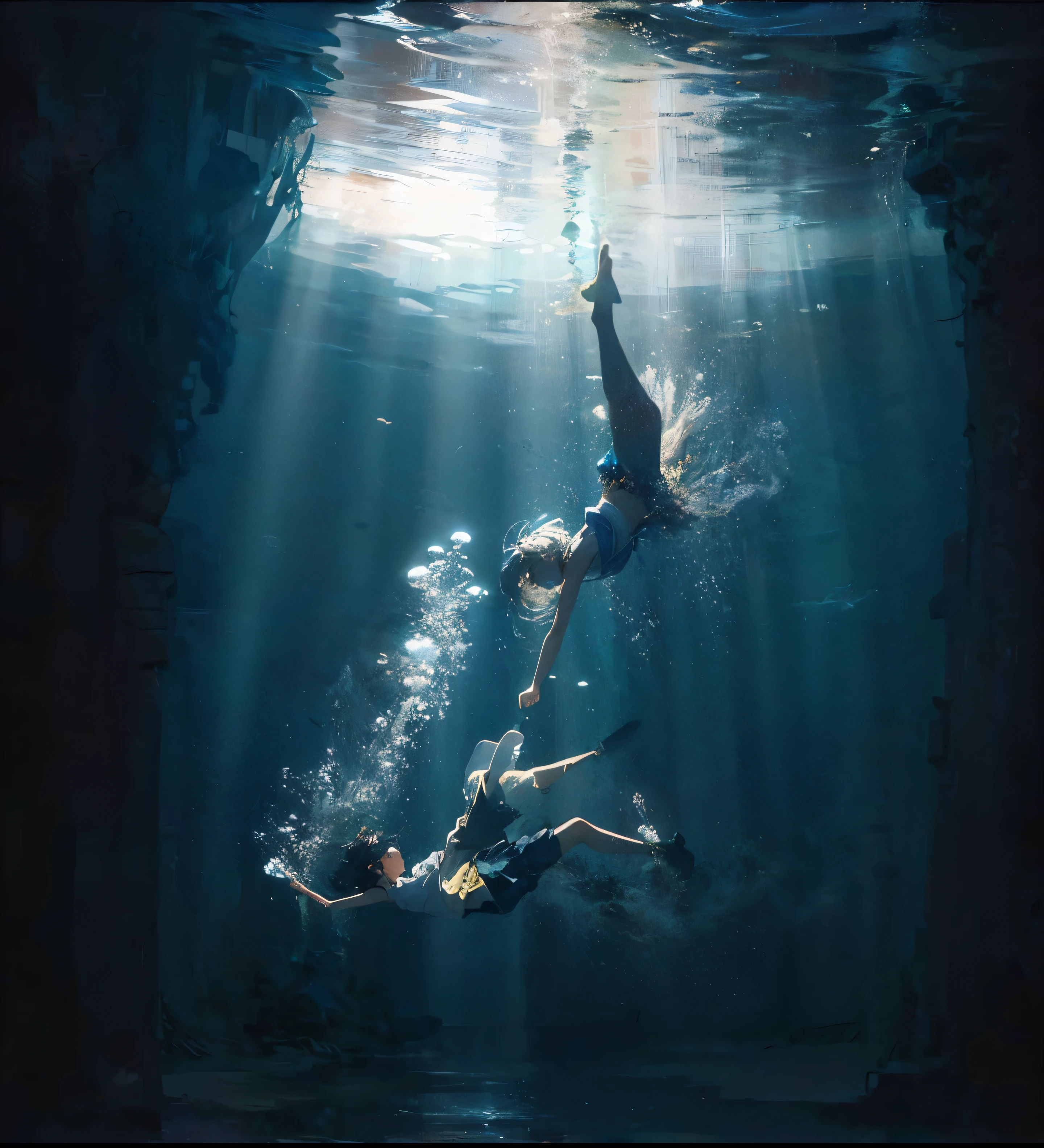Masterpiece, high quality, anime, couple underwater, in the ocean, cinematic scene, 