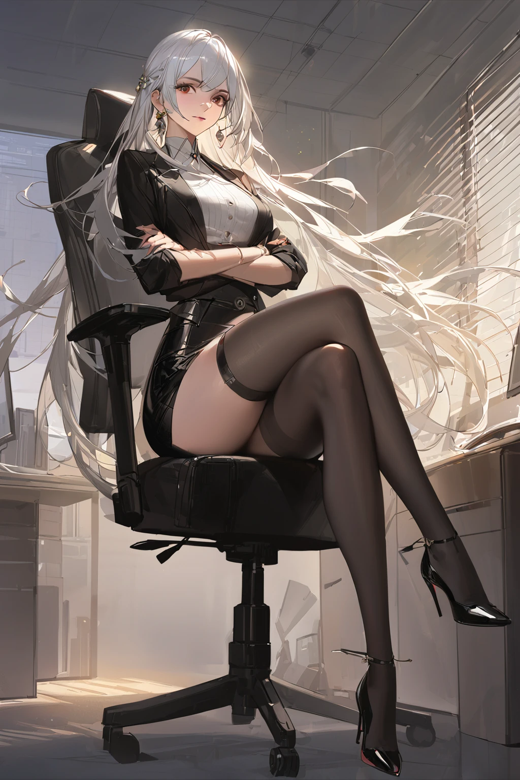 [artist:ciloranko],[[artist:ask(askzy)]],[[[[artist:modare]]]], huangyueying, 1 woman, long hair,solo, white hair, full body, asymmetrical_legwear, one black and one white, one black stocking and one white stocking, uneven_legwear, full_body, looking at viewer, stiletto high heel, medium breasts, legs, crossed legs, sitting, office, crossed ankles, indoors, office chair, monitor, skirt, pencil skirt