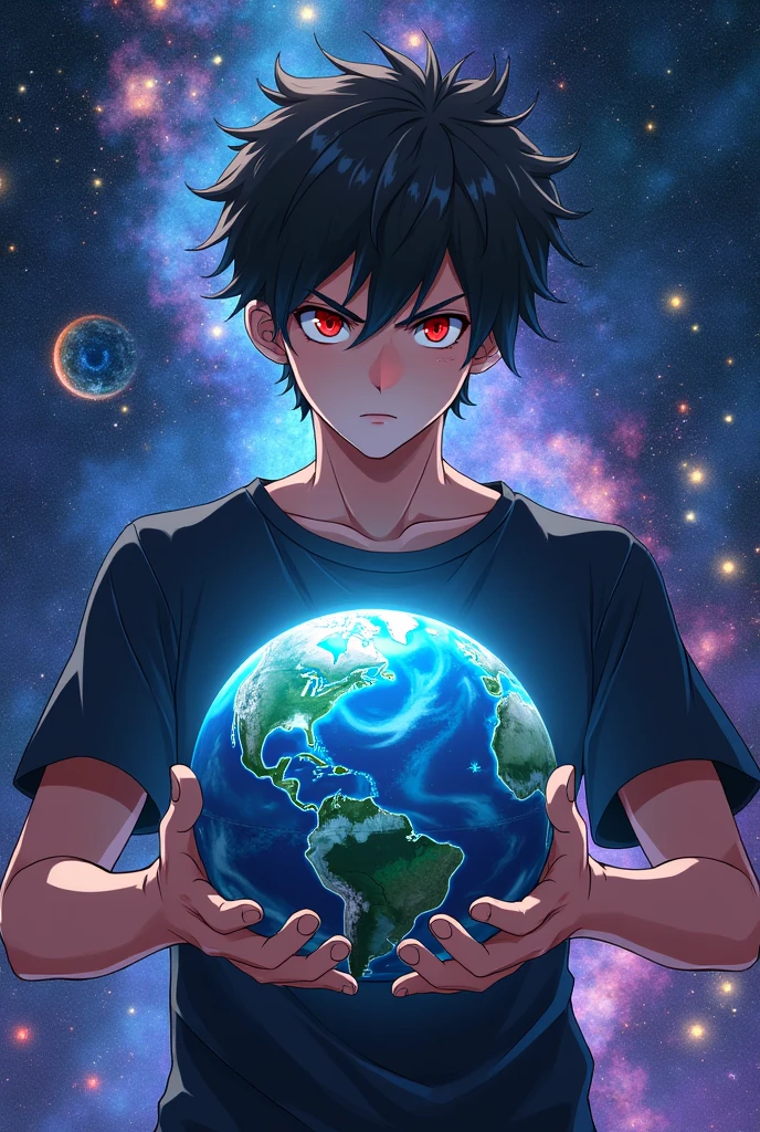 Anime boy, male gender, over , with red eyes, black t-shirt, serious attitude, holding the earth and surrounded by the galaxy in 2d